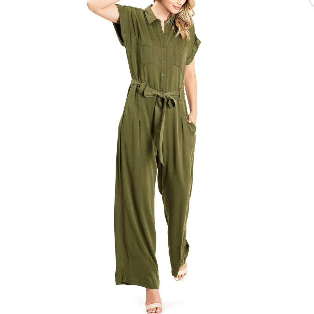 Sneak Peek Olive Green Button-Front Wide-Leg Jumpsuit